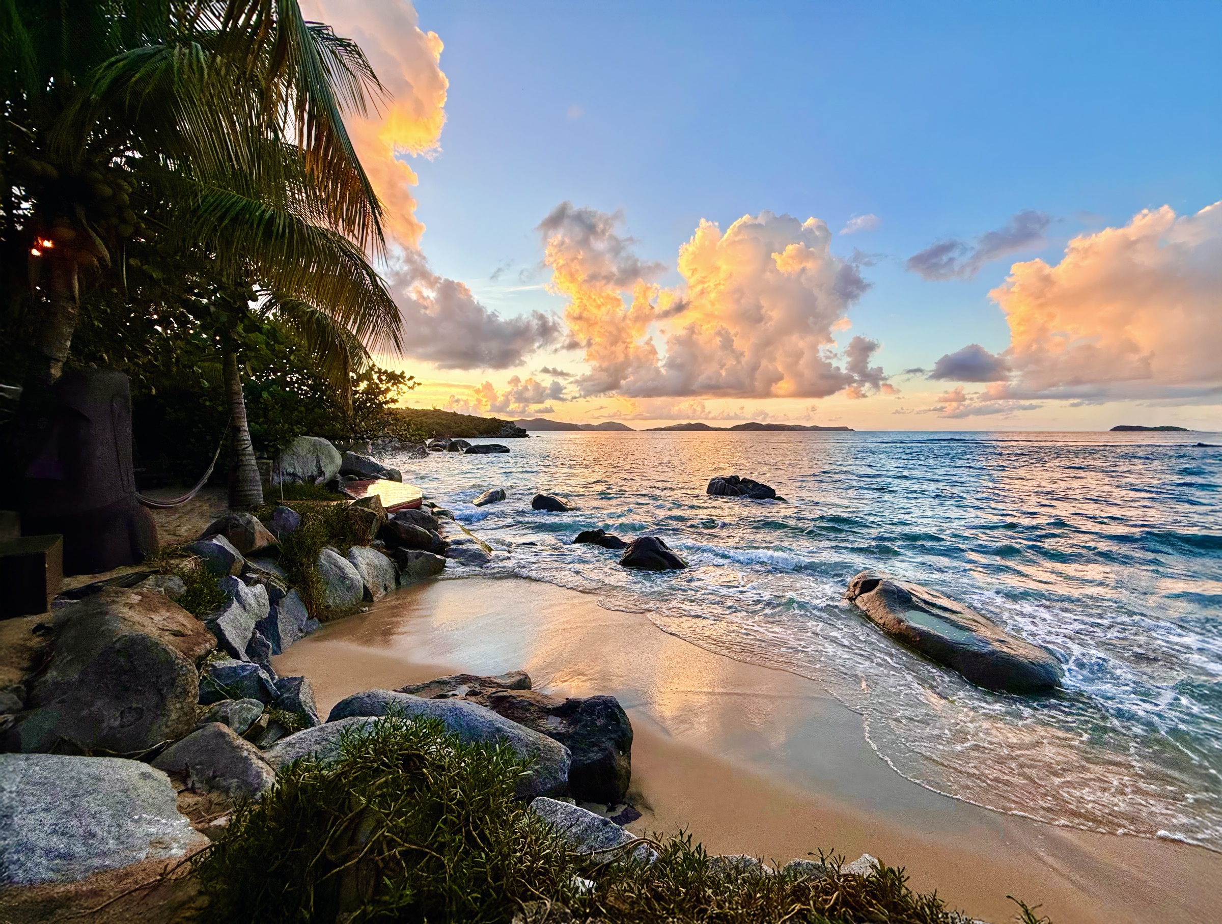 Sunset over the beach adjacent to CocoMaya Restaurant, Virgin Gorda, British Virgin Islands
