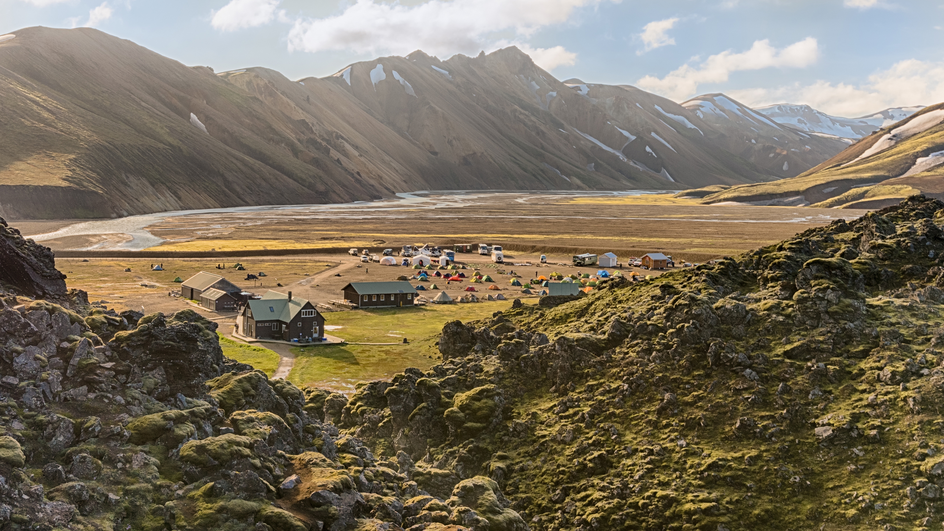 Landmannalaugar mountain hut and base camp for the Laugarvegur Trail (a.k.a. Laugavegurinn), near Landmannalaugar, in the Fjallabak Nature Reserve, Iceland.
